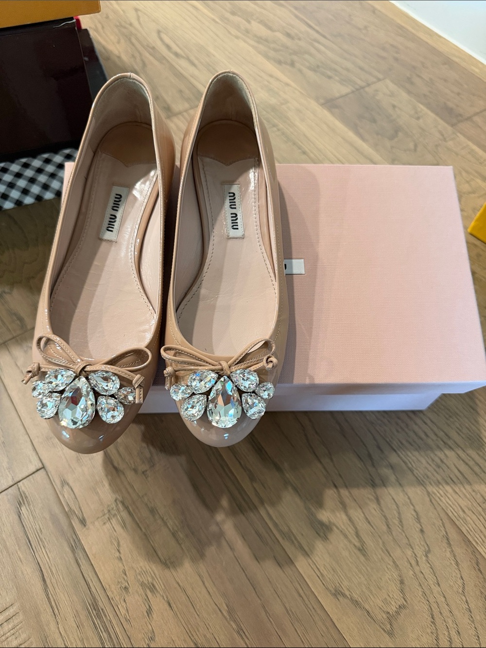 Miu Miu Blush Leather Ballet Flats with Crystal Brooch - Picture 2 of 3